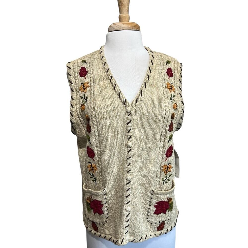 Designers Studio Sweater Vest TREE OF LIFE Maple Acorn Applique NWT size large - Picture 2 of 8